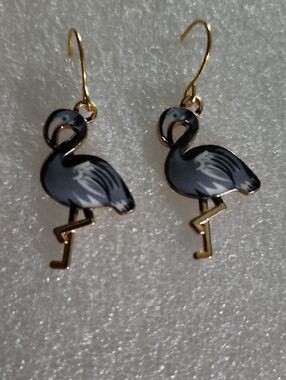 Hand Crafted Gray Flamingo Dangle Earrings with Gold Hooks